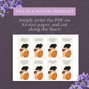 May include: Eight printable affirmation cards featuring a mother and child in a warm embrace. Each card has a different affirmation printed on it, such as "I embrace my new rhythm, even if it's different than what I expected." and "I am worthy of self-care and I give myself permission to take it."