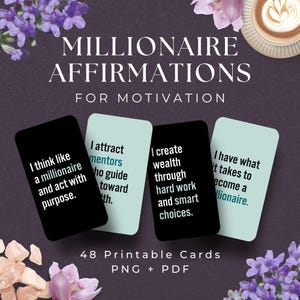 Könnte beinhalten: 48 druckbare Karten mit motivierenden Affirmationen, um Millionär zu werden. Die Karten sind schwarz-weiß mit hellblauem Hintergrund. Der Text auf den Karten enthält Sätze wie "Ich denke wie ein Millionär" und "Ich ziehe Mentoren an, die mich zum Reichtum führen".