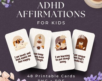以下が含まれることがあります： ADHDの子供向けのアファメーションカード4枚セット。ユニコーンなどのイラストが描かれています。カードには「私は愛されている」や「私はユニークである」などの肯定的なアファメーションが書かれています。「ADHD AFFIRMATIONS FOR KIDS」の文字が上部にあります。