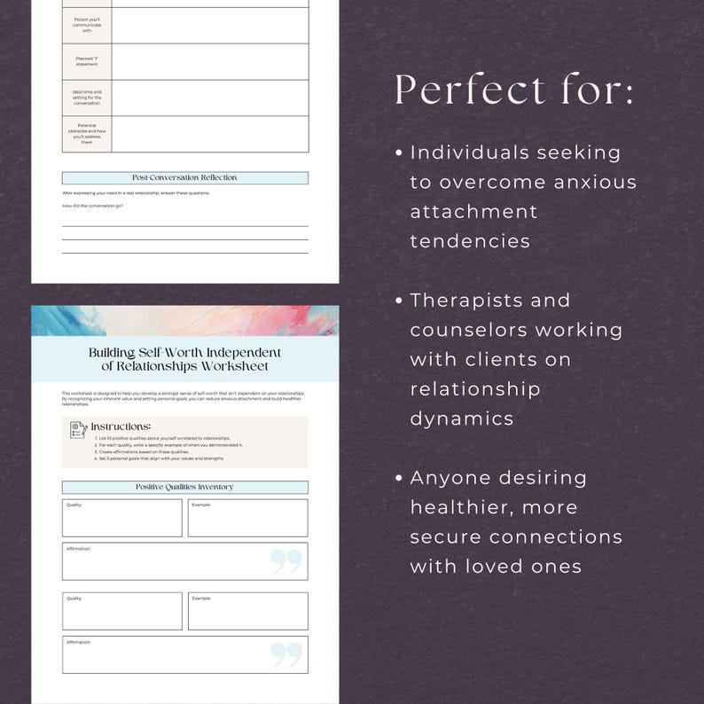 May include: A printable worksheet titled "Building Self-Worth Independent of Relationships Worksheet" with instructions and a section for a positive qualities inventory. The worksheet is designed to help individuals develop a stronger sense of self-worth that is not dependent on their relationships.