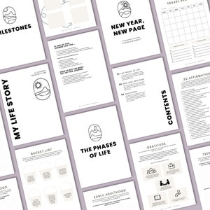 Pode incluir: Uma cole&ccedil;&atilde;o de p&aacute;ginas de di&aacute;rio brancas com texto preto e ilustra&ccedil;&otilde;es minimalistas em linha. Os t&iacute;tulos incluem "My Life Story", "Milestones", "New Year, New Page" e "The Phases of Life". As p&aacute;ginas apresentam prompts, listas e afirma&ccedil;&otilde;es.
