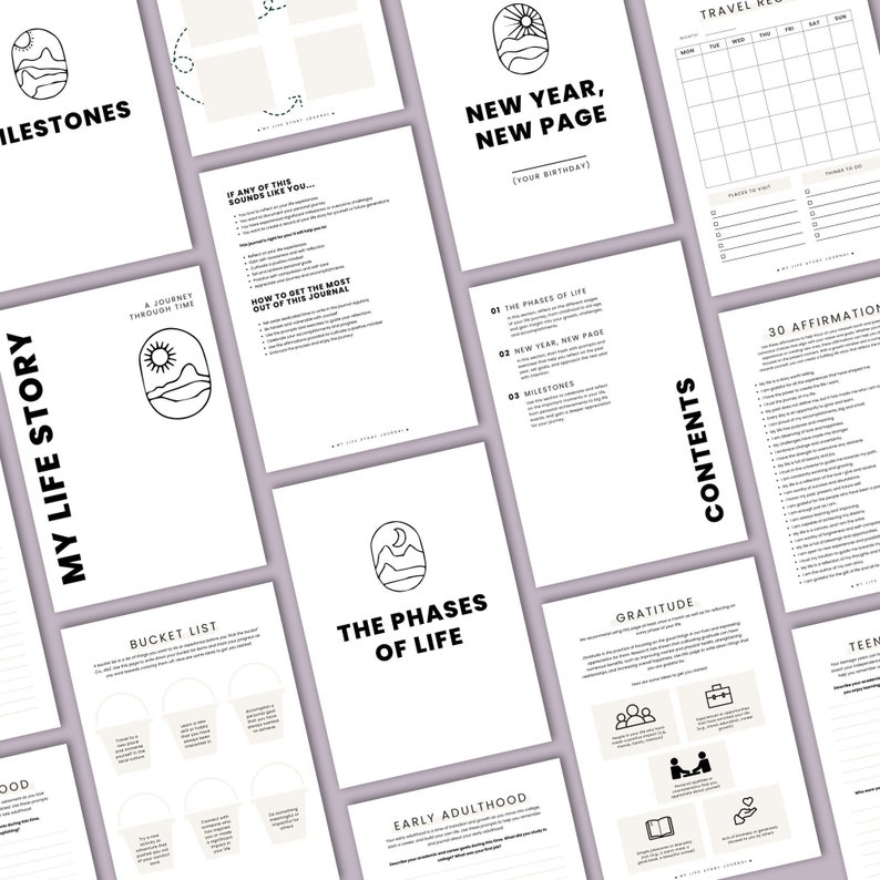 Pode incluir: Uma cole&ccedil;&atilde;o de p&aacute;ginas de di&aacute;rio brancas com texto preto e ilustra&ccedil;&otilde;es minimalistas em linha. Os t&iacute;tulos incluem "My Life Story", "Milestones", "New Year, New Page" e "The Phases of Life". As p&aacute;ginas apresentam prompts, listas e afirma&ccedil;&otilde;es.