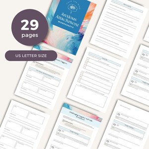 May include: A set of 29 printable worksheets designed to help manage anxious attachment. The worksheets are US letter size and feature a colorful abstract background with the text "Calm the Mind Anxious Attachment Worksheets".