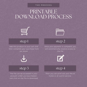 May include: A four-step printable download process is illustrated with icons. Step 1: Add to cart. Step 2: Complete payment. Step 3: Access file. Step 4: Print file.