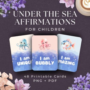 48 Affirmationen unter dem Meer, INSTANT DOWNLOAD, positive Affirmationen für Kinder, motivierende Dekoration für Kinder, Ozean-Thema Printables