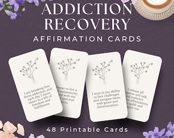 Peut inclure: 48 cartes d'affirmation imprimables pour la guérison de la dépendance. Chaque carte présente un motif floral simple et une citation inspirante. Les cartes sont blanches avec du texte noir.
