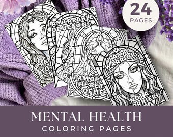 24 Mental Health Affirmations Colouring Pages, INSTANT DOWNLOAD, Adult Coloring Book, Stained Glass Coloring Sheets with Daily Affirmations