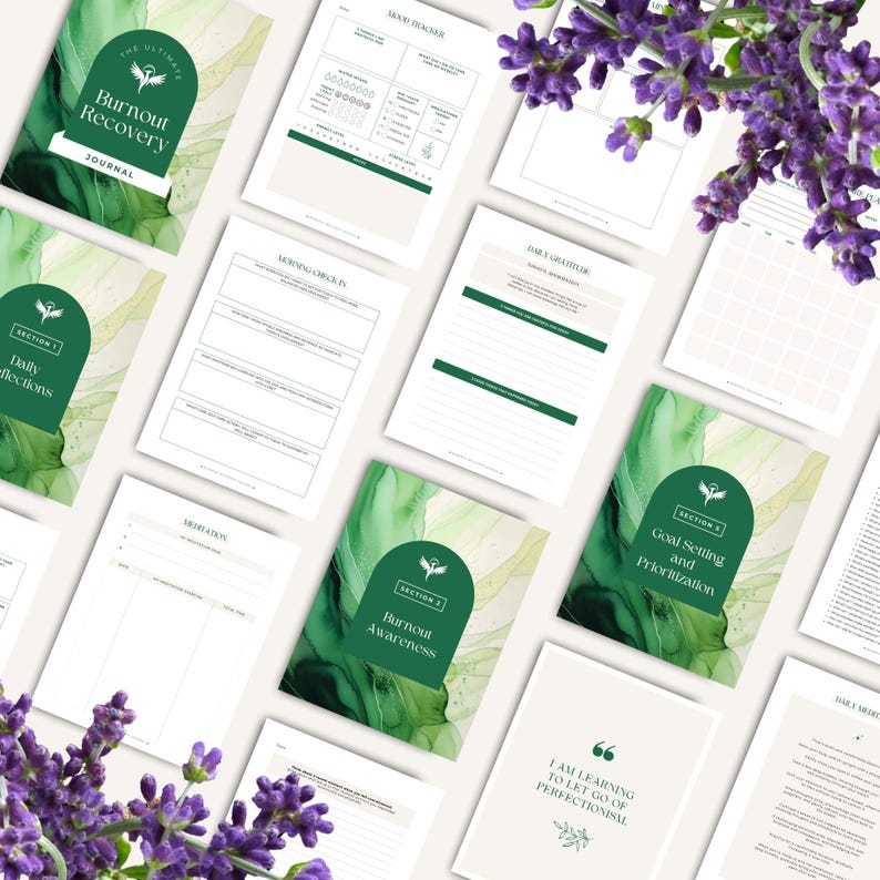 May include: A collection of open journals and pages with green and white accents, designed for burnout recovery. The cover reads "The Ultimate Burnout Recovery Journal." Lavender sprigs are in the corners.