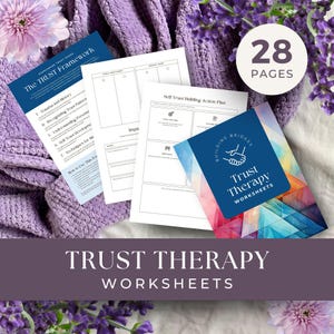 May include: A set of 28 printable worksheets for trust therapy. The worksheets are designed to help people build trust in themselves and others. The cover of the workbook features a colorful abstract design with the words "Building Bridges Trust Therapy Worksheets".