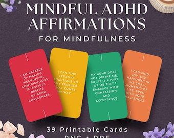 Könnte beinhalten: Werbebild für "Mindful ADHD Affirmations" mit vier farbigen Karten. Die Karten sind rot, gelb, grün und orange, mit positiven Affirmationen in weißer Schrift. Der Text "39 Printable Cards PNG + PDF" ist ebenfalls enthalten.