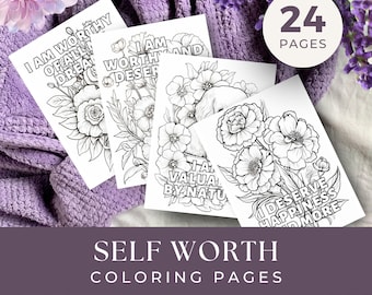 24 Self-Worth Affirmations Coloring Pages, INSTANT DOWNLOAD, Stained Glass Coloring Book for Adults, Coloring Sheets with Daily Affirmations