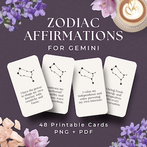 48 Affirmationskarten für Zwillinge, INSTANT DOWNLOAD, Zwillinge Affirmationskarten, Sternzeichen Geschenk, Zwilling Sternzeichen Karten zum Ausdrucken