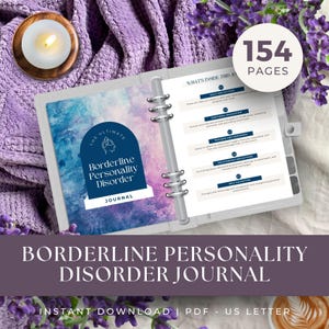 May include: An open journal with the title "Borderline Personality Disorder Journal" on the cover. The journal displays lined pages and a section titled "What's Inside This Journal." A candle in a wooden holder is visible. The journal has 154 pages.