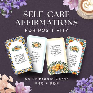 48 tarjetas de autocuidado, descarga instantánea, motivación diaria, autocuidado, herramientas imprimibles de salud mental, afirmaciones positivas diarias