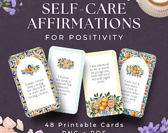 48 tarjetas de afirmaciones para el autocuidado, descarga instantánea, motivación diaria, autocuidado, herramientas imprimibles para la salud mental, afirmaciones positivas diarias.