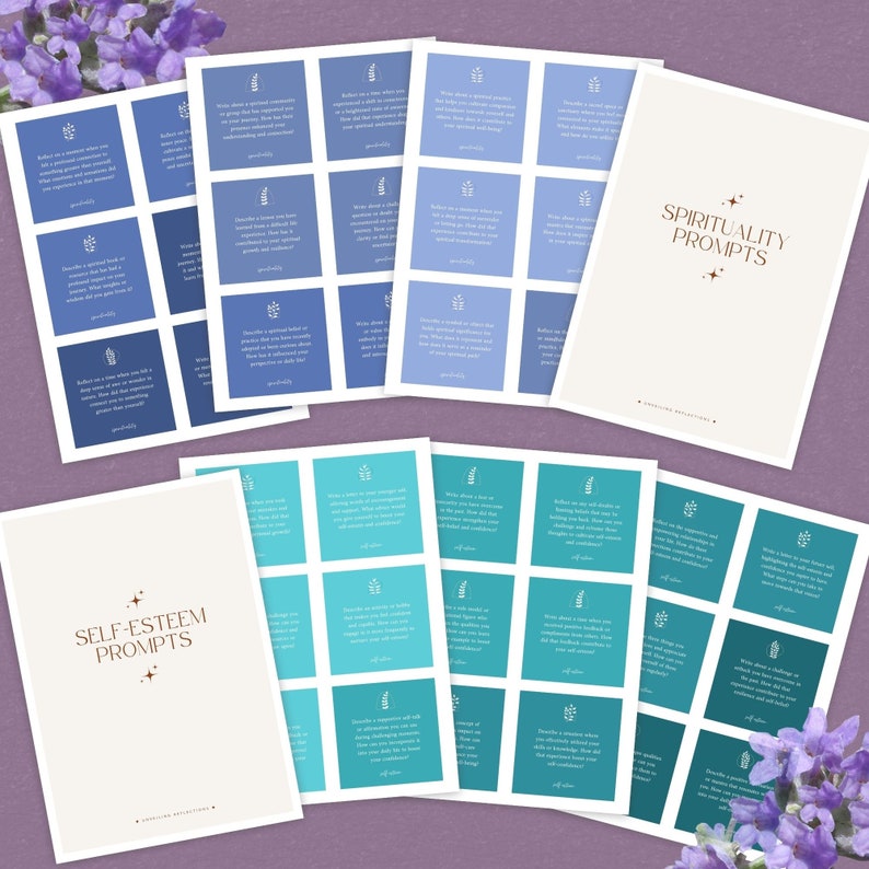 May include: A set of printable cards with blue, teal, and green backgrounds featuring self-esteem and spirituality prompts. The cards are arranged in a grid pattern and have a simple design with a small leaf icon in the corner. The text on the cards is in a simple, modern font.