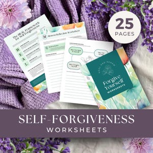 Könnte beinhalten: Ein Set mit 25 Arbeitsblättern zur Selbstvergebung mit einem türkisfarbenen Cover, das mit Aquarellblumen verziert ist und den Text "Heilen und Erneuern, Vergib dir selbst, Arbeitsblätter" trägt.