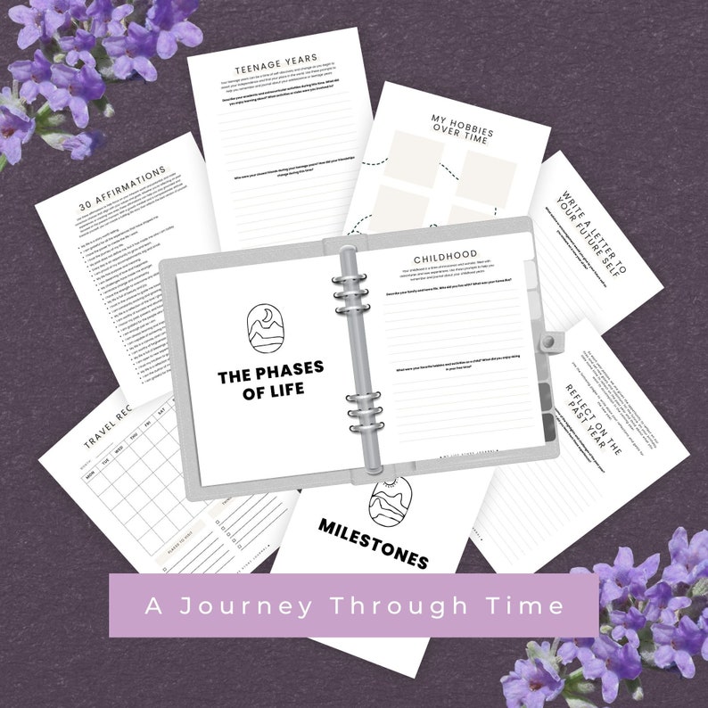 Pode incluir: Uma pasta cinza com p&aacute;ginas intituladas "The Phases of Life" e "Milestones" &eacute; cercada por outras p&aacute;ginas com prompts. As p&aacute;ginas incluem "30 Affirmations", "Teenage Years", "My Hobbies Over Time", "Childhood", "Write a Letter to Your Future Self" e "Reflect on the Past Year". O texto "A Journey Through Time" est&aacute; na parte inferior.