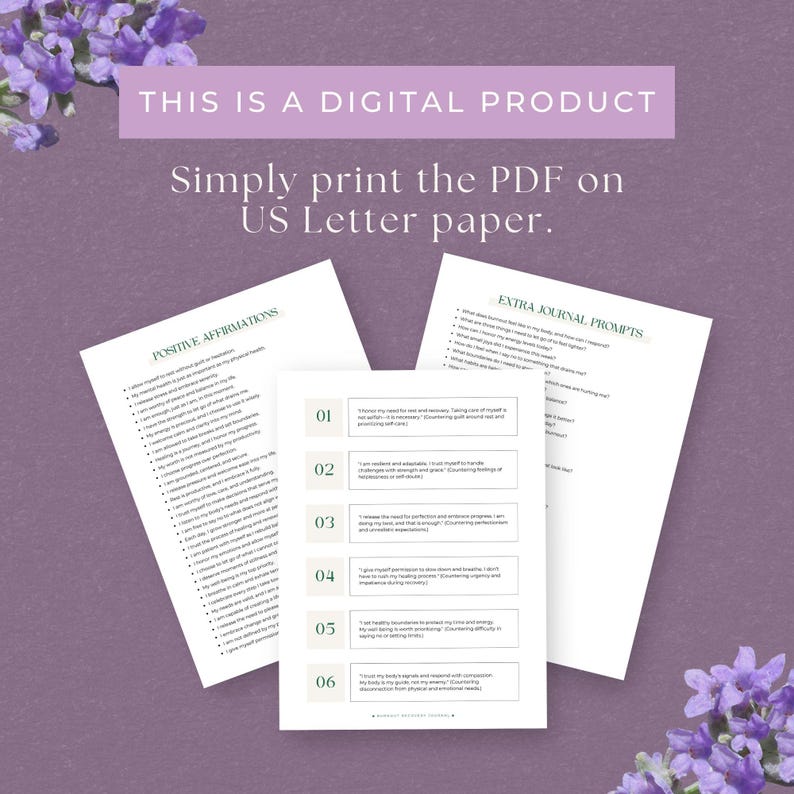 May include: Digital product with three white pages. The top page reads "THIS IS A DIGITAL PRODUCT" and "Simply print the PDF on US Letter paper." Two pages display affirmations and journal prompts in green text.