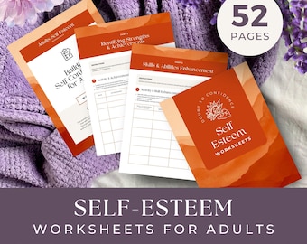 May include: A set of 52 self-esteem worksheets for adults. The worksheets are printed on orange paper with a mountain range design and the text "Doubt to Confidence Self Esteem Worksheets".