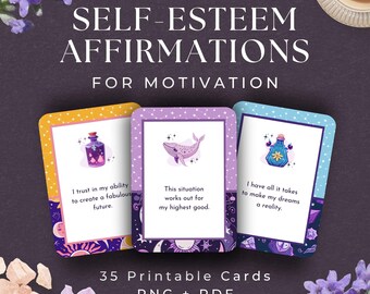 35 utskrivbara kort för självkänsla, DIREKT NEDLADDNING, kortlek med positiv bekräftelse, dagliga affirmationer, JAG ÄR-kort, Celestial-CC1