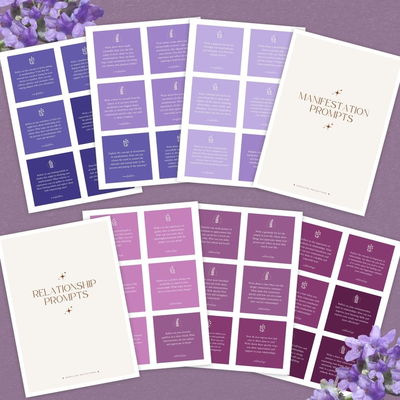 May include: A set of printable cards with prompts for manifestation and relationship journaling. The cards are in shades of purple and feature a simple floral design. The text on the cards includes phrases like "Reflect on the concept of growth" and "Write down your experience of gratitude".