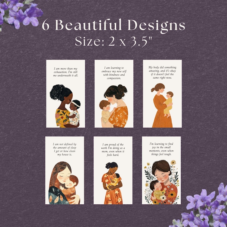 May include: Six illustrated cards featuring mothers holding babies. Each card has a different quote about motherhood. The cards are 2 inches by 3.5 inches.