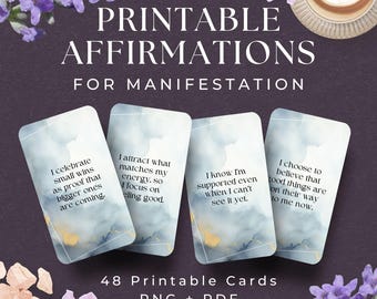 May include: Printable affirmation cards for manifestation. The cards have a watercolour design with gold accents and inspirational quotes. The image includes text that reads "48 Printable Cards PNG + PDF."