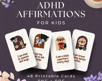 以下が含まれることがあります： ADHDの子供向けアファメーション。画像には、動物のイラストと肯定的なアファメーションが描かれた4枚のカードが表示されています。カードは角が丸い白です。カードのテキストには、「私は動物や虫に親切です」などのフレーズが含まれています。画像には「48枚の印刷可能なカードPNG + PDF」というテキストも含まれています。