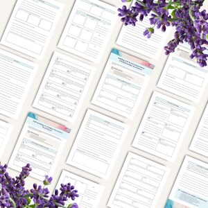 May include: A set of printable worksheets with a light blue and white color scheme. The worksheets are titled "Building New Skills Independent of Relationships & Others" and "New Starting To Shapes Anxiety Workbook".