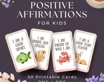 以下が含まれることがあります： Positive Affirmations for Kidsと題された50枚の印刷可能なカードセット。各カードは白い背景に黒い文字と水彩画の動物のイラストが描かれており、緑の魚、オレンジの魚、赤いカニ、茶色の鹿が含まれています。