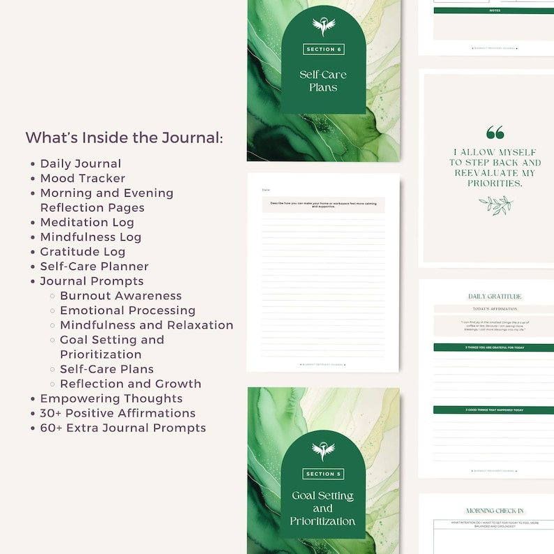 May include: A journal with green watercolor accents. The journal includes sections for self-care plans, goal setting, and prioritization. The text on the journal reads "What's Inside the Journal" and lists features like a daily journal, mood tracker, and reflection pages.