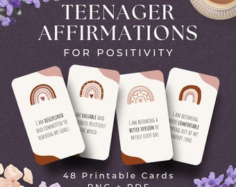 May include: 48 printable affirmation cards for teenagers. The cards feature a rainbow design with positive affirmations such as "I am disciplined and committed to reaching my goals." and "I am becoming a better version of myself every day."