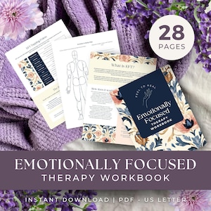 May include: An "Emotionally Focused Therapy Workbook" with a floral design cover, featuring the text "Feel to Heal". The image includes several pages with diagrams and text, including "EFT Tapping Points" and "Emotion & Body Map". The image also includes the text "28 PAGES".