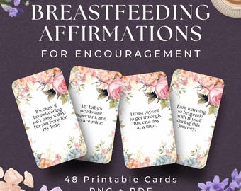 May include: Set of four printable affirmation cards with floral designs and encouraging messages for breastfeeding mothers. The cards feature phrases like "It's okay if breastfeeding isn't easy today: I'm still here for my baby." and "I trust myself to get through this, one day at a time."