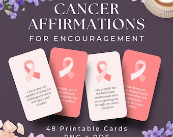 Puede incluir: Un conjunto de cuatro tarjetas con lazos rosas de concienciación sobre el cáncer y afirmaciones de ánimo. Las tarjetas son blancas y rosas, con texto como "Soy fuerte y capaz..." y "Estoy agradecido por..." La imagen también incluye flores y el texto "48 Tarjetas imprimibles PNG + PDF."
