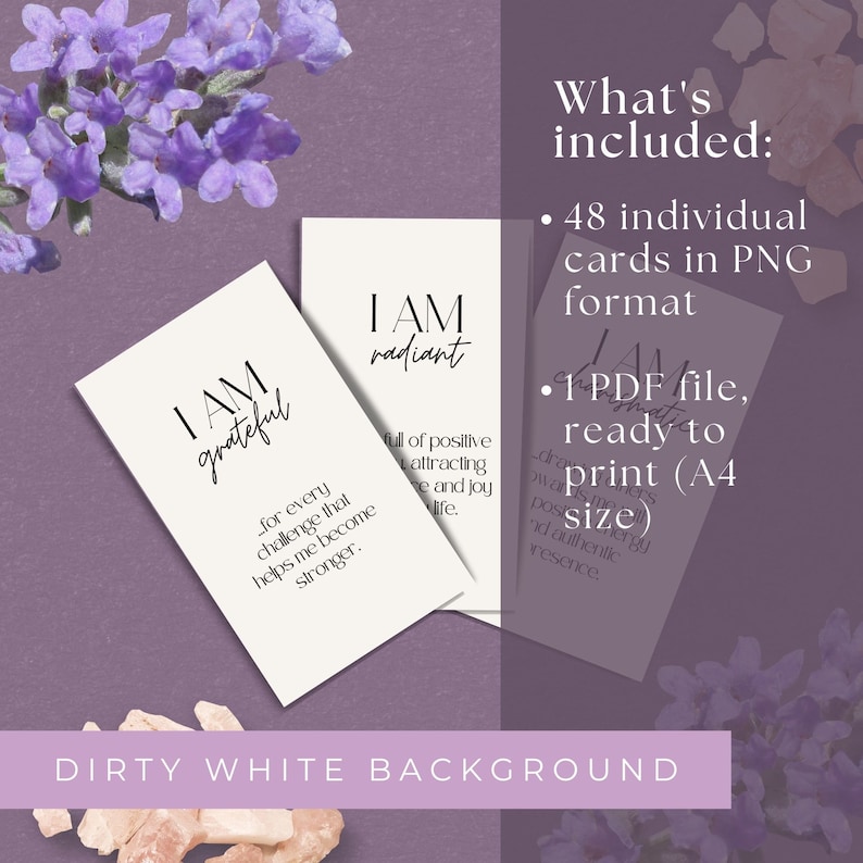 May include: Set of 48 printable affirmation cards with a white background and black text. The cards feature positive affirmations such as "I am grateful" and "I am radiant".