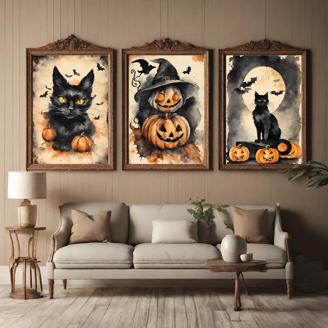 Black Cat Halloween Printable Vintage Witchy Wall Art Moody - Etsy