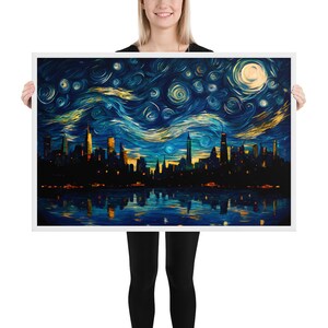 May include: A painting of a cityscape with a starry night sky in the style of Vincent van Gogh. The city skyline is silhouetted against the swirling blue and yellow sky, with a bright moon and stars visible. The water in the foreground reflects the city lights and the sky.