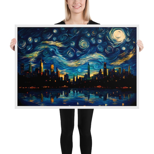 Tableau Skyline - Style Van Gogh - Tableau Verre - Tableau Plexiglas - Tableau Abstrait - Tableau Panorama - Nuit Etoilée