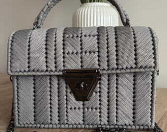 Macramé Structured Satchel Bag with Black Hardware | Top Handle & Detachable Chain Strap