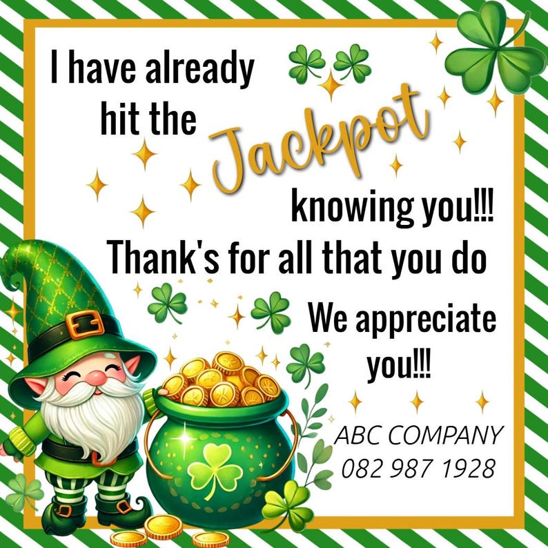 Sticker Patrick Thanks Editable Appreciation Tag/card, St Patrick' Day, Jackpot Card, Thank ...