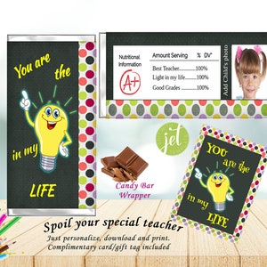 Embalagem de doces, Embalagem de chocolate, Editável, Imprimível, Melhor professor, Dia do professor, Download instantâneo, Adicione sua própria foto, Cartão de cortesia