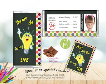 Carta di caramelle, Carta di cioccolato, Modificabile, Stampabile, Miglior insegnante, Festa dell'insegnante, Download immediato, Aggiungi la tua foto, Biglietto omaggio