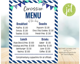 Editable Concession Menu Flyer: Sports Template (Digital Download)