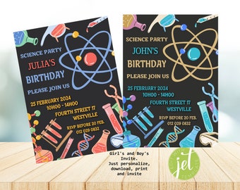 Invite, Party, Editable, Printable, Science Party Invite, Editable Instant Download,  Party Favor, Edit text, Download Birthday Invite Combo