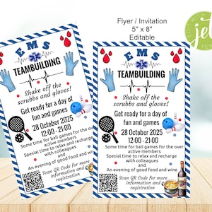 Peut inclure: Deux flyers avec une bordure bleue et blanche, annonçant un événement EMS Teambuilding. Les flyers comprennent du texte, des symboles médicaux, des gants et des équipements sportifs. L'événement est le 28 octobre 2025, et mesure 12,7 cm x 20,3 cm.