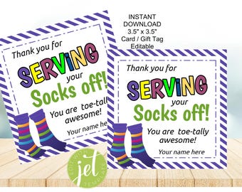 Editable Sock gift tags, Thank you for Serving your socks off, Thank you for being a toe-tally awesome,  Staff in Service, Instant download