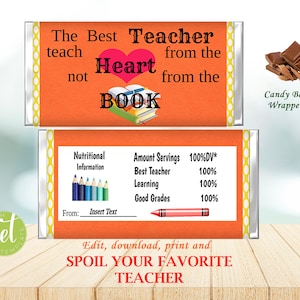 Candy Wrapper, Chocolate Wrapper, Editable, Printable, Instant Download, Ideal Gift, Best Teacher gift, Thank You Teacher, Party Favor
