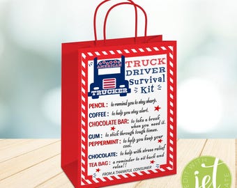 Etichetta per sacchetto regalo "Kit di sopravvivenza per camionisti", modificabile e stampabile.